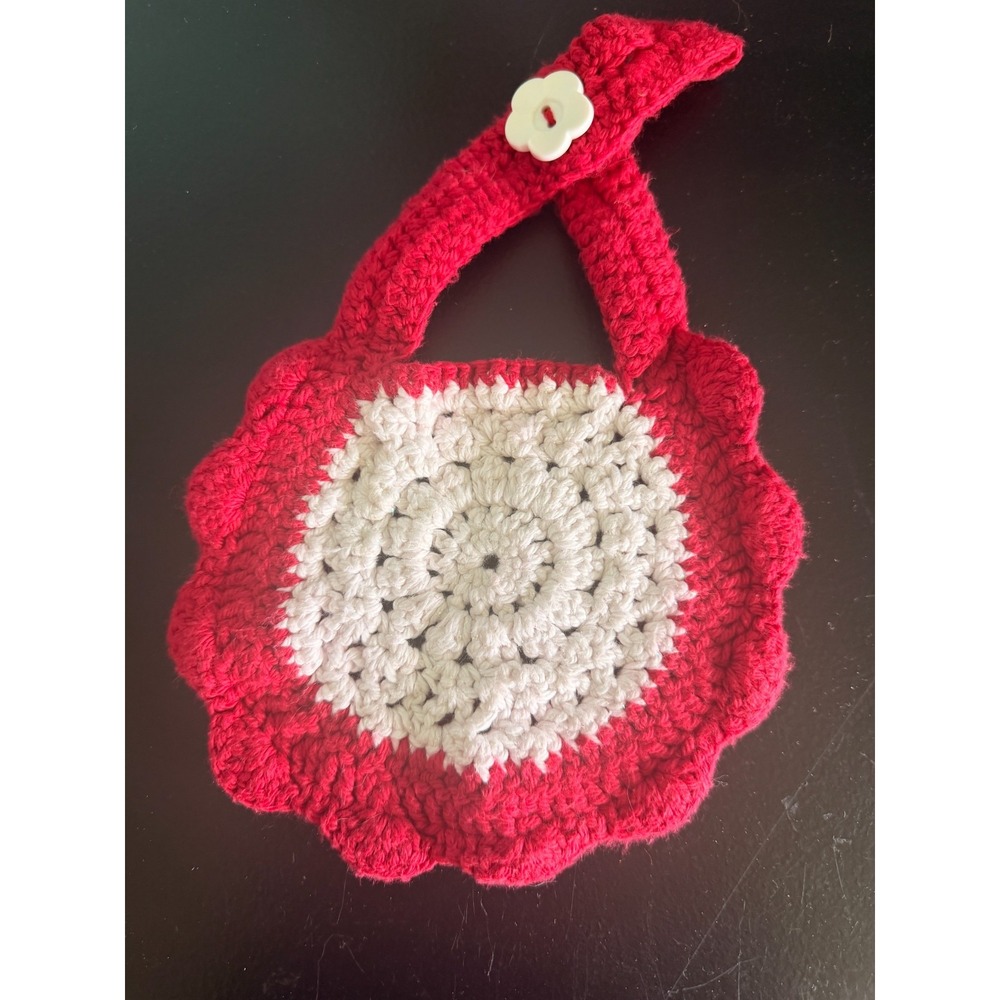 Handmade Red & White Crochet Hanging Towel Ring Holder w/ Flower Button Accent